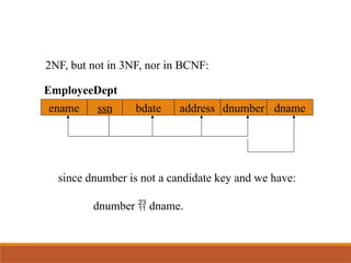 2NF, but not in 3NF, nor in BCNF:
since dnumber is not a candidate key and we have:
dnumber  dname.
EmployeeDept
ename ssn bdate address dnumber dname
 