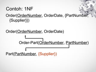 Contoh: 1NF
Order(OrderNumber, OrderDate, {PartNumber,
{Supplier}})
Order(OrderNumber, OrderDate)
Order-Part(OrderNumber, PartNumber)
Part(PartNumber, {Supplier})
 