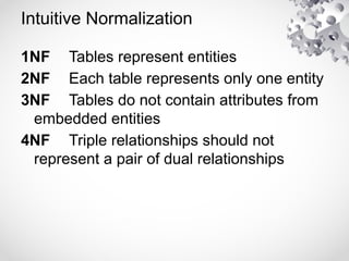 Intuitive Normalization
1NF Tables represent entities
2NF Each table represents only one entity
3NF Tables do not contain attributes from
embedded entities
4NF Triple relationships should not
represent a pair of dual relationships
 