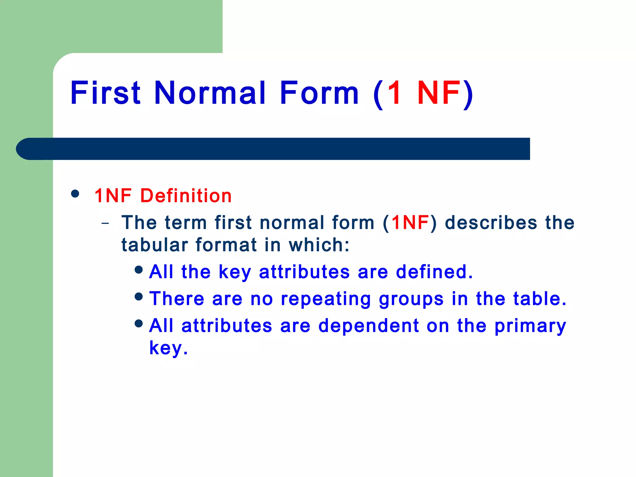  1NF Definition
– The term first normal form (1NF) describes the
tabular format in which:
All the key attributes are defined.
There are no repeating groups in the table.
All attributes are dependent on the primary
key.
First Normal Form (1 NF)
 