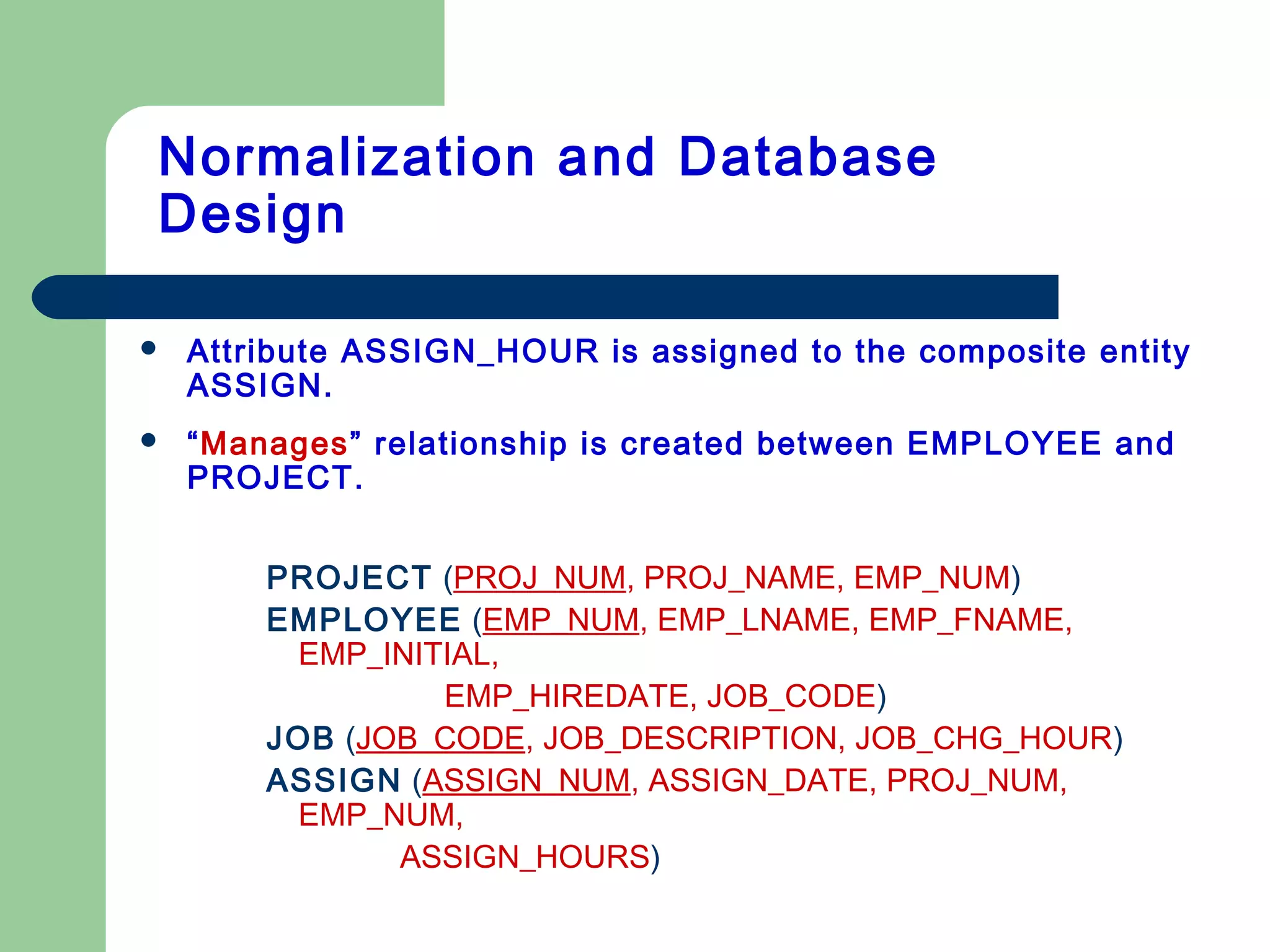  Attribute ASSIGN_HOUR is assigned to the composite entity
ASSIGN.
 “Manages” relationship is created between EMPLOYEE and
PROJECT.
PROJECT (PROJ_NUM, PROJ_NAME, EMP_NUM)
EMPLOYEE (EMP_NUM, EMP_LNAME, EMP_FNAME,
EMP_INITIAL,
EMP_HIREDATE, JOB_CODE)
JOB (JOB_CODE, JOB_DESCRIPTION, JOB_CHG_HOUR)
ASSIGN (ASSIGN_NUM, ASSIGN_DATE, PROJ_NUM,
EMP_NUM,
ASSIGN_HOURS)
Normalization and Database
Design
 