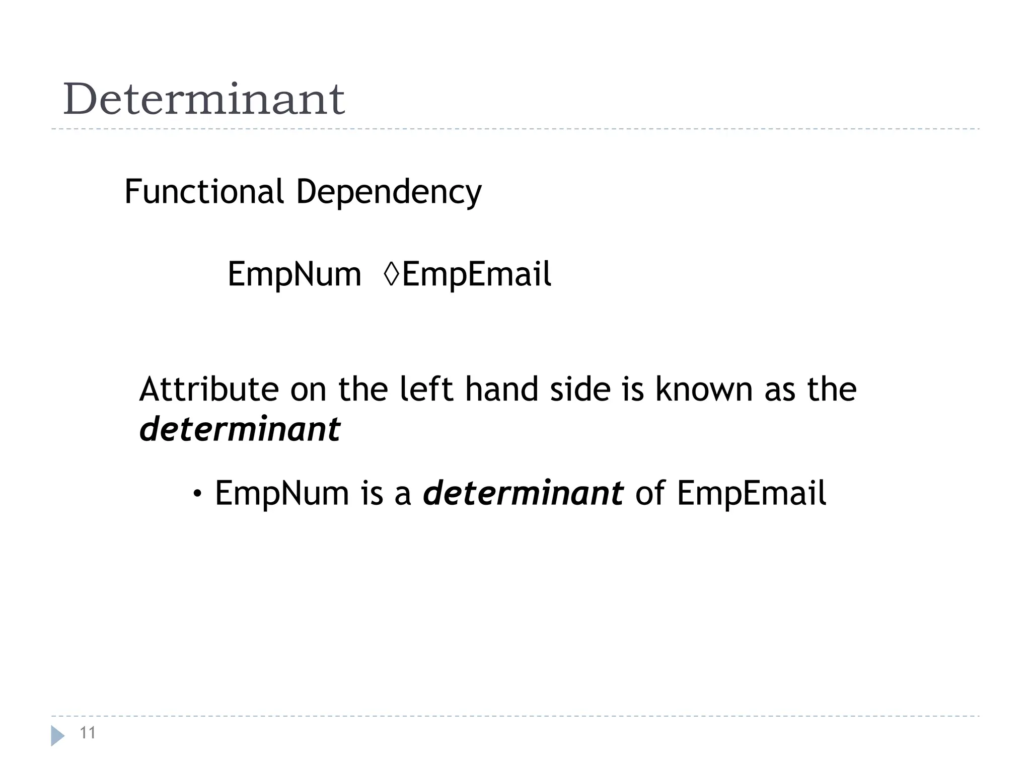 Determinant
Functional Dependency
EmpNum EmpEmail
Attribute on the left hand side
determinant
is known as the
EmpNum is a determinant of EmpEmail
•
11
 