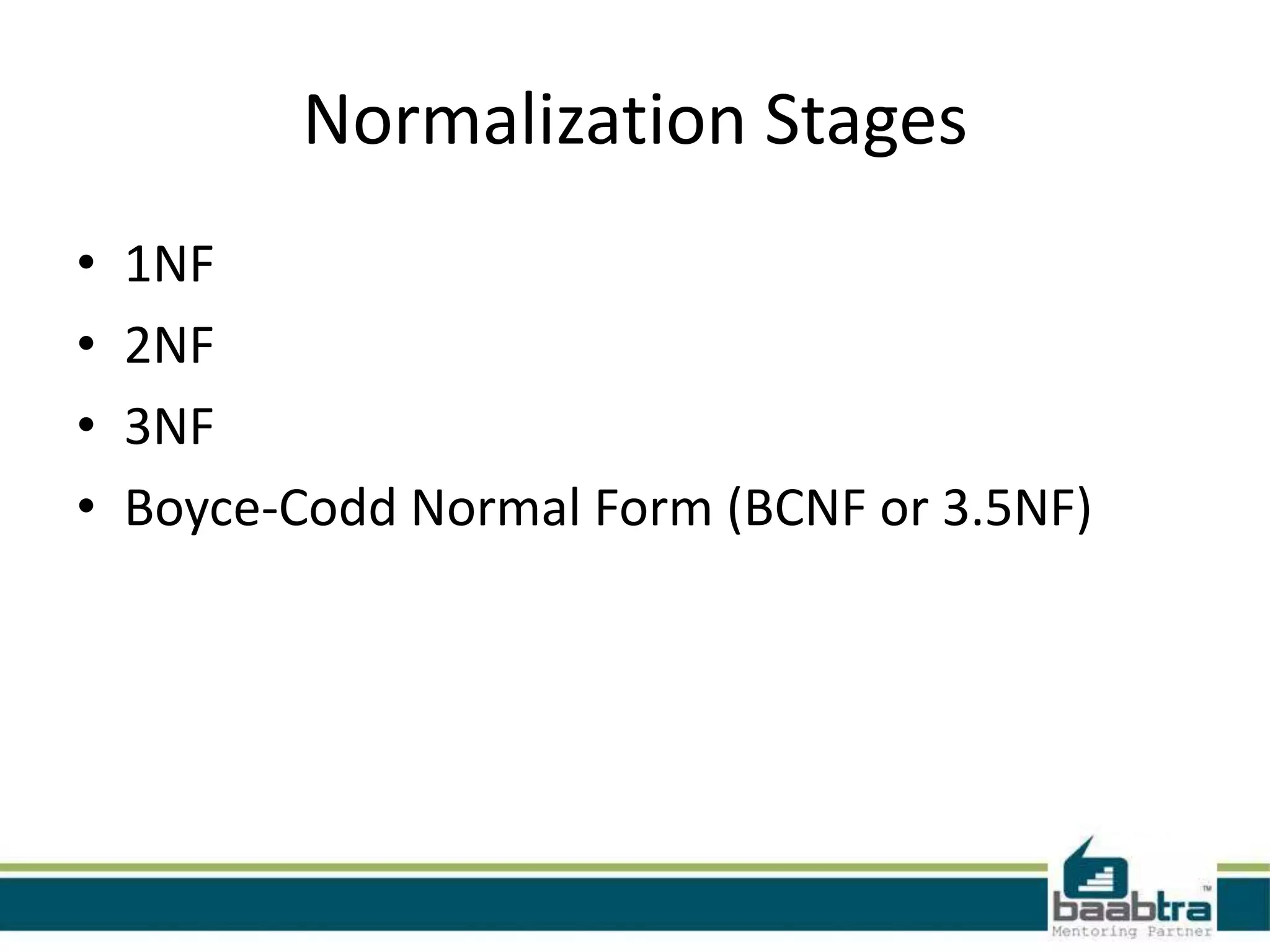 Normalization Stages
• 1NF
• 2NF
• 3NF
• Boyce-Codd Normal Form (BCNF or 3.5NF)
 