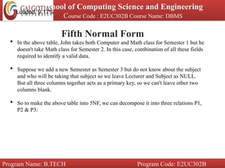 School of Computing Science and Engineering
Course Code : E2UC302B Course Name: DBMS
Program Name: B.TECH Program Code: E2UC302B
Fifth Normal Form
 In the above table, John takes both Computer and Math class for Semester 1 but he
doesn't take Math class for Semester 2. In this case, combination of all these fields
required to identify a valid data.
 Suppose we add a new Semester as Semester 3 but do not know about the subject
and who will be taking that subject so we leave Lecturer and Subject as NULL.
But all three columns together acts as a primary key, so we can't leave other two
columns blank.
 So to make the above table into 5NF, we can decompose it into three relations P1,
P2 & P3:
Loaded: 9.17%
 