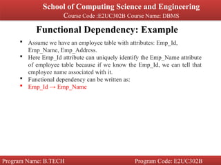 Functional Dependency: Example
Program Name: B.TECH Program Code: E2UC302B
School of Computing Science and Engineering
Course Code :E2UC302B Course Name: DBMS
 Assume we have an employee table with attributes: Emp_Id,
Emp_Name, Emp_Address.
 Here Emp_Id attribute can uniquely identify the Emp_Name attribute
of employee table because if we know the Emp_Id, we can tell that
employee name associated with it.
 Functional dependency can be written as:
 Emp_Id → Emp_Name
 