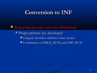 Conversion to 1NF


Repeating groups must be eliminated


Proper primary key developed
Uniquely identifies attribute values (rows)
 Combination of PROJ_NUM and EMP_NUM


11

 