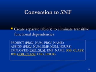 Conversion to 3NF


Create separate table(s) to eliminate transitive
functional dependencies

PROJECT (PROJ_NUM, PROJ_NAME)
ASSIGN (PROJ_NUM, EMP_NUM, HOURS)
EMPLOYEE (EMP_NUM, EMP_NAME, JOB_CLASS)
JOB (JOB_CLASS, CHG_HOUR)

20

 