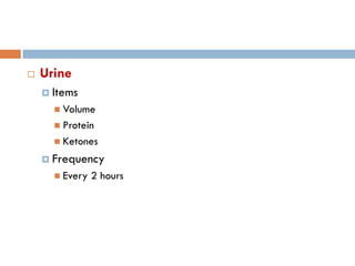    Urine
     Items
       Volume
       Protein
       Ketones

     Frequency
       Every   2 hours
 