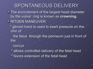 SPONTANEOUS DELIVERY <ul><li>The encirclement of the largest head diameter  by the vulvar  ring is known as  crowning. </l...