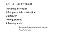 CAUSES OF LABOUR
Uterine distension
fetoplacental contribution
Estrogen
Progesterone
Prostaglandins
Oxytocin and myometrial oxytocin receptors
Neurological factor
 