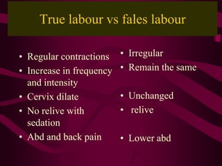 True labour vs fales labour
• Regular contractions
• Increase in frequency
and intensity
• Cervix dilate
• No relive with
sedation
• Abd and back pain
• Irregular
• Remain the same
• Unchanged
• relive
• Lower abd
 