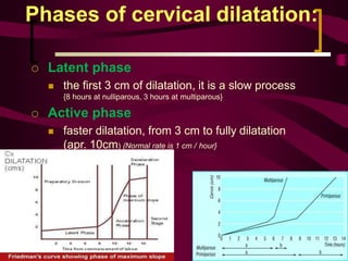 Phases of cervical dilatation:
 Latent phase:
 the first 3 cm of dilatation, it is a slow process
{8 hours at nulliparou...