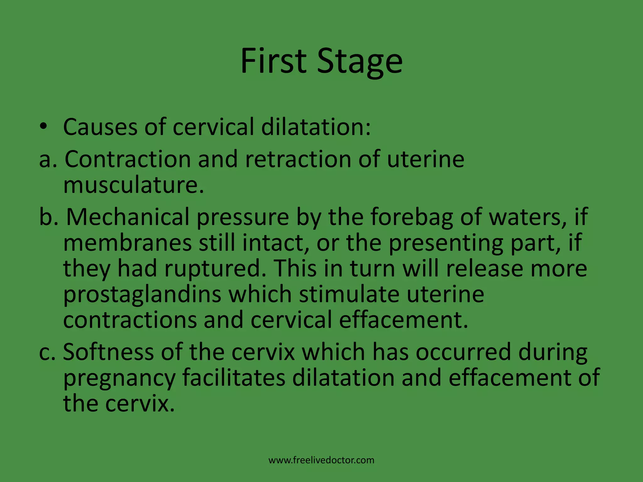 First StageCauses of cervical dilatation:a. Contraction and retraction of uterine musculature.b. Mechanical pressure by the forebag of waters, if membranes still intact, or the presenting part, if they had ruptured. This in turn will release more prostaglandins which stimulate uterine contractions and cervical effacement.c. Softness of the cervix which has occurred during pregnancy facilitates dilatation and effacement of the cervix.www.freelivedoctor.com
