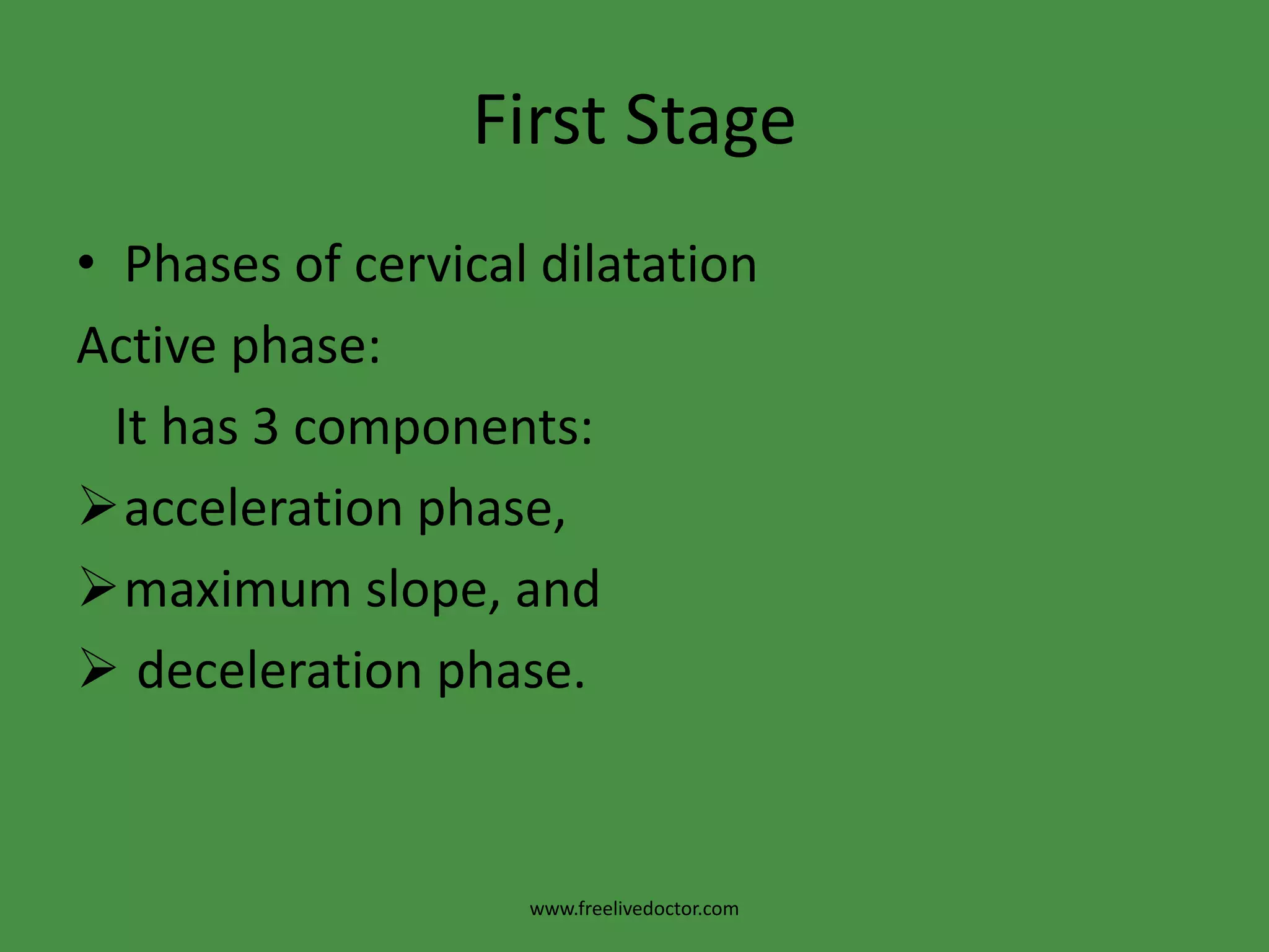 First StagePhases of cervical dilatationActive phase:   It has 3 components:acceleration phase,