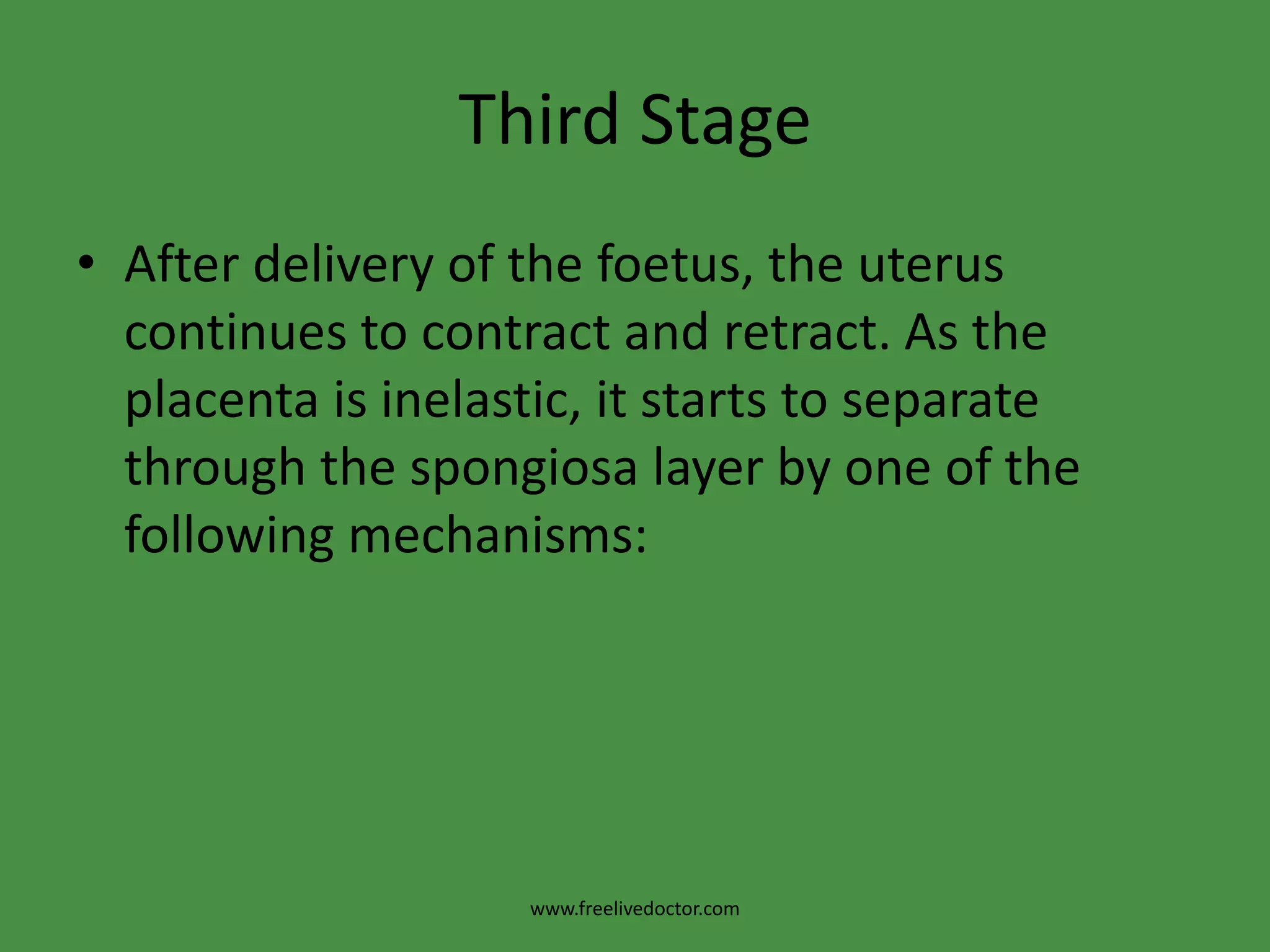 Second Stage7. External rotation: The shoulders enter the pelvis in the opposite oblique diameter to that previously passed  by the head. When the anterior shoulder meets the pelvic floor it rotates anteriorly 1/8 of a circle. This movement is transmitted to the head so it rotates 1/8 of a circle in the same direction of restitution.www.freelivedoctor.com