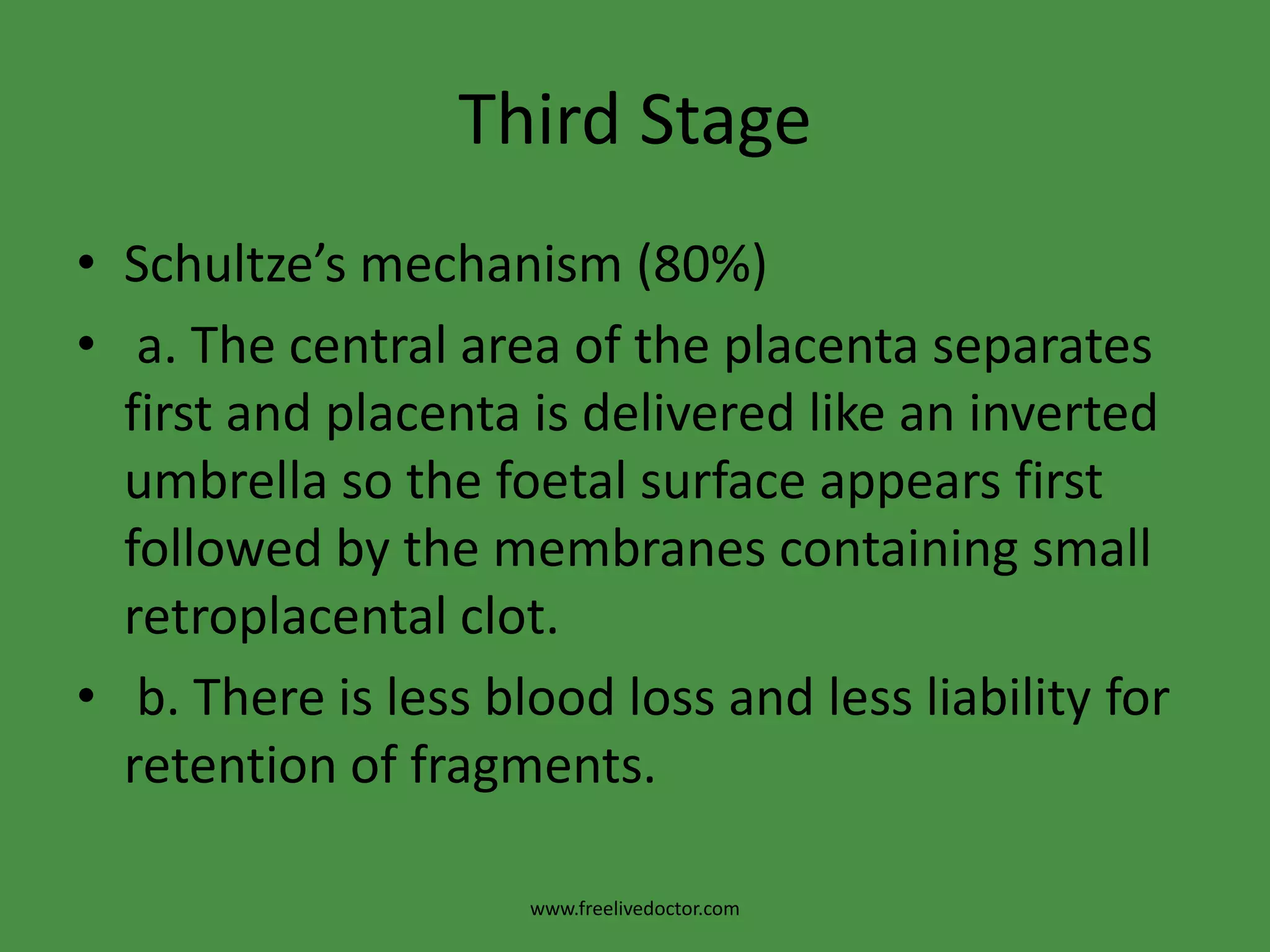 Second StageDelivery of the shoulder and bodyThe anterior shoulder hinges below the symphysis pubis and with continuous descent the posterior shoulder is delivered first by lateral flexion of the spines followed by anterior shoulder then the body.www.freelivedoctor.com