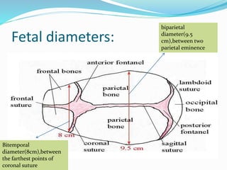 Fetal diameters:
biparietal
diameter(9.5
cm),between two
parietal eminence
Bitemporal
diameter(8cm),between
the farthest points of
coronal suture
 