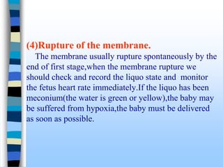 (4)Rupture of the membrane.
The membrane usually rupture spontaneously by the
end of first stage,when the membrane rupture we
should check and record the liquo state and monitor
the fetus heart rate immediately.If the liquo has been
meconium(the water is green or yellow),the baby may
be suffered from hypoxia,the baby must be delivered
as soon as possible.
 