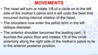 MOVEMENTS
• The head will turn or rotate 1/8 of a circle on to the left
side of the mother’s pelvis and it will undo the twist that
occurred during internal rotation of the head.
• The shoulders now enter the pelvic brim in the left
oblique diameter.
• The anterior shoulder becomes the leading part ; it
touches the pelvic floor and rotates 1/8 of the circle
anteriorly along the right side of the mother’s pelvis to lie
in the anterior posterior position.
 