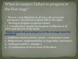  There is <2cm dilatation in 4h (on a 4hr action line
partogram ( the plotted progress falls to the right).
 Slowing in progress in parous women.
( 2 Consideration should also be given to effacement of
cervix and descent of the head).
Some causes of poor progress in the 1st stage must be
excluded:
1. Inefﬁcient uterine activity ( power —commonest cause).
2. Malpositions, malpresentation, or large baby ( passenger).
3. Inadequate pelvis ( passage ).
4. A combination of two or more of the above.
 