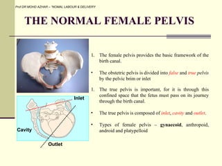 THE NORMAL FEMALE PELVIS Prof DR MOHD AZHAR – “NOMAL LABOUR & DELIVERY <ul><li>The female pelvis provides the basic framew...