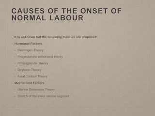 CAUSES OF THE ONSET OF
NORMAL LABOUR
• It is unknown but the following theories are proposed:
• Hormonal Factors
• Oestrogen Theory
• Progesterone withdrawal theory
• Prostaglandin Theory
• Oxytocin Theory
• Fetal Cortisol Theory
• Mechanical Factors
• Uterine Distension Theory
• Stretch of the lower uterine segment
 
