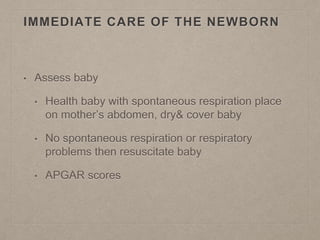 IMMEDIATE CARE OF THE NEWBORN
• Assess baby
• Health baby with spontaneous respiration place
on mother’s abdomen, dry& cover baby
• No spontaneous respiration or respiratory
problems then resuscitate baby
• APGAR scores
 