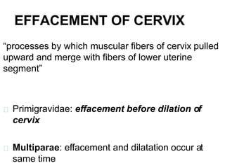 EFFACEMENT OF CERVIX
“processes by which muscular fibers of cervix pulled
upward and merge with fibers of lower uterine
segment”
Primigravidae: effacement before dilation of
cervix
Multiparae: effacement and dilatation occur at
same time
 