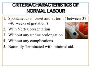 CRITERIA/CHARACTERISTICSOF
NORMALLABOUR
1. Spontaneous in onset and at term ( between 37
-40 weeks ofgestation.)
2. With Vertex presentation
3. Without any undue prolongation.
4. Without any complications.
5. Naturally Terminated with minimal aid.
 
