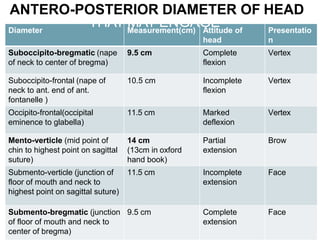 Diameter Measurement(cm) Attitude of
head
Presentatio
n
Suboccipito-bregmatic (nape
of neck to center of bregma)
9.5 cm Complete
flexion
Vertex
Suboccipito-frontal (nape of
neck to ant. end of ant.
fontanelle )
10.5 cm Incomplete
flexion
Vertex
Occipito-frontal(occipital
eminence to glabella)
11.5 cm Marked
deflexion
Vertex
Mento-verticle (mid point of
chin to highest point on sagittal
suture)
14 cm
(13cm in oxford
hand book)
Partial
extension
Brow
Submento-verticle (junction of
floor of mouth and neck to
highest point on sagittal suture)
11.5 cm Incomplete
extension
Face
Submento-bregmatic (junction
of floor of mouth and neck to
center of bregma)
9.5 cm Complete
extension
Face
ANTERO-POSTERIOR DIAMETER OF HEAD
THAT MAY ENGAGE
 