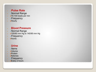  Pulse Rate
 Normal Range
 70-100 beats per min
 Frequency
 Hourly
 Blood Pressure
 Normal Range
 100/60 mm Hg to 140/90 mm Hg
 Frequency
 hourly
 Urine
 Items
 Volume
 Protein
 Ketones
 Frequency
 Every 2 hours
 
