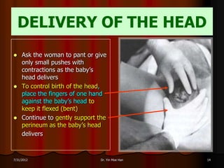 DELIVERY OF THE HEAD
    Ask the woman to pant or give
     only small pushes with
     contractions as the baby’s
     head delivers
    To control birth of the head,
     place the fingers of one hand
     against the baby’s head to
     keep it flexed (bent)
    Continue to gently support the
     perineum as the baby’s head
     delivers



7/31/2012                       Dr. Yin Moe Han   14
 