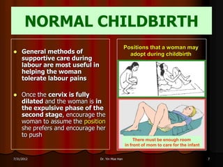 NORMAL CHILDBIRTH
                                                   Positions that a woman may
    General methods of                              adopt during childbirth
     supportive care during
     labour are most useful in
     helping the woman
     tolerate labour pains

    Once the cervix is fully
     dilated and the woman is in
     the expulsive phase of the
     second stage, encourage the
     woman to assume the position
     she prefers and encourage her
     to push
                                                        There must be enough room
                                                   in front of mom to care for the infant


7/31/2012                        Dr. Yin Moe Han                                            7
 