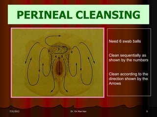 PERINEAL CLEANSING

                               Need 6 swab balls


                               Clean sequentially as
                               shown by the numbers


                               Clean according to the
                               direction shown by the
                               Arrows




7/31/2012    Dr. Yin Moe Han                        9
 
