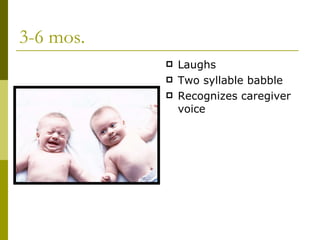 3-6 mos. Laughs Two syllable babble Recognizes caregiver voice 