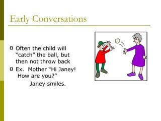 Early Conversations Often the child will “catch” the ball, but then not throw back Ex.  Mother “Hi Janey!  How are you?” Janey smiles. 