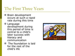 The First Three Years Brain development occurs at such a rapid rate during this time Language development during this period of time is central to a child’s later success with literacy and communication The foundation is laid for the rest of the child’s life 