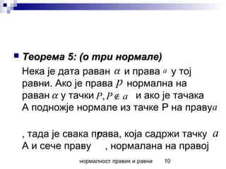 нормалност правих и равни 10
 Теорема 5: (о три нормале)Теорема 5: (о три нормале)
Нека је дата раван и права у тој
равни. Ако је права нормална на
раван у тачки и ако је тачака
А подножје нормале из тачке P на праву
, тада је свака права, која садржи тачку
А и сече праву , нормалана на правој
α a
p
α aPP ∉,
a
p a
 