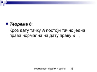 нормалност правих и равни 13
 Теорема 6Теорема 6:
Кроз дату тачку А постоји тачно једна
права нормална на дату праву .a
 