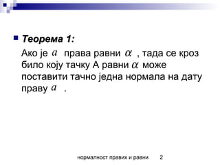 нормалност правих и равни 2
 Теорема 1:Теорема 1:
Ако је права равни , тада се кроз
било коју тачку А равни може
поставити тачно једна нормала на дату
праву .
a α
α
a
 