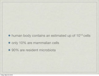human body contains an estimated up of 1014 cells

                   only 10% are mammalian cells

                   90% are resident microbiota




Friday, March 23, 2012
 