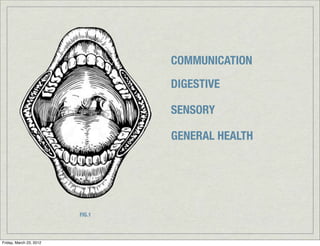 COMMUNICATION
                                 DIGESTIVE

                                 SENSORY

                                 GENERAL HEALTH




                         FIG.1



Friday, March 23, 2012
 
