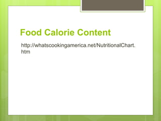Food Calorie Content
http://whatscookingamerica.net/NutritionalChart.
htm
 