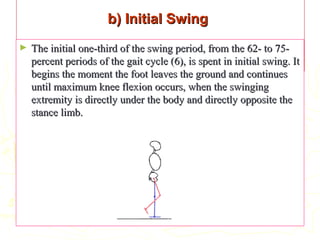 b) Initial Swingb) Initial Swing
► The initial one-third of the swing period, from the 62- to 75-The initial one-third of the swing period, from the 62- to 75-
percent periods of the gait cycle (6), is spent in initial swing. Itpercent periods of the gait cycle (6), is spent in initial swing. It
begins the moment the foot leaves the ground and continuesbegins the moment the foot leaves the ground and continues
until maximum knee flexion occurs, when the swinginguntil maximum knee flexion occurs, when the swinging
extremity is directly under the body and directly opposite theextremity is directly under the body and directly opposite the
stance limb.stance limb.
 