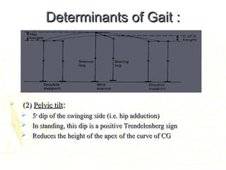 Determinants of Gait :Determinants of Gait :
 (2)(2) Pelvic tiltPelvic tilt::
 55oo
dip of the swinging side (i.e. hip adduction)dip of the swinging side (i.e. hip adduction)
 In standing, this dip is a positive Trendelenberg signIn standing, this dip is a positive Trendelenberg sign
 Reduces the height of the apex of the curve of CGReduces the height of the apex of the curve of CG
 
