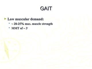 GAITGAIT
► Low muscular demand:Low muscular demand:
 ~ 20-25% max. muscle strength~ 20-25% max. muscle strength
 MMT of ~ 3MMT of ~ 3++
 