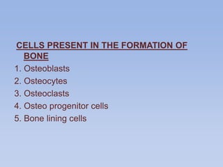 CELLS PRESENT IN THE FORMATION OF
BONE
1. Osteoblasts
2. Osteocytes
3. Osteoclasts
4. Osteo progenitor cells
5. Bone lining cells
 