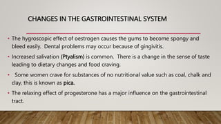 CHANGES IN THE GASTROINTESTINAL SYSTEM
• The hygroscopic effect of oestrogen causes the gums to become spongy and
bleed easily. Dental problems may occur because of gingivitis.
• Increased salivation (Ptyalism) is common. There is a change in the sense of taste
leading to dietary changes and food craving.
• Some women crave for substances of no nutritional value such as coal, chalk and
clay, this is known as pica.
• The relaxing effect of progesterone has a major influence on the gastrointestinal
tract.
 