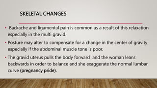 SKELETAL CHANGES
• Backache and ligamental pain is common as a result of this relaxation
especially in the multi gravid.
• Posture may alter to compensate for a change in the center of gravity
especially if the abdominal muscle tone is poor.
• The gravid uterus pulls the body forward and the woman leans
backwards in order to balance and she exaggerate the normal lumbar
curve (pregnancy pride).
 