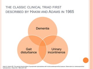 THE CLASSIC CLINICAL TRIAD FIRST
DESCRIBED BY HAKIM AND ADAMS IN 1965
Dementia
Urinary
incontinence
Gait
disturbance
Hakim...